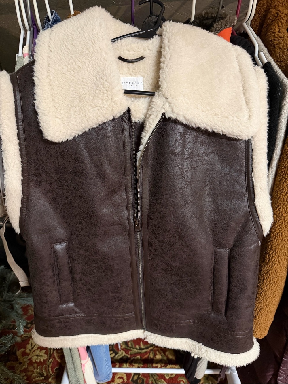 aerie Brown Faux-Leather Vest with Cream Sherpa Collar
